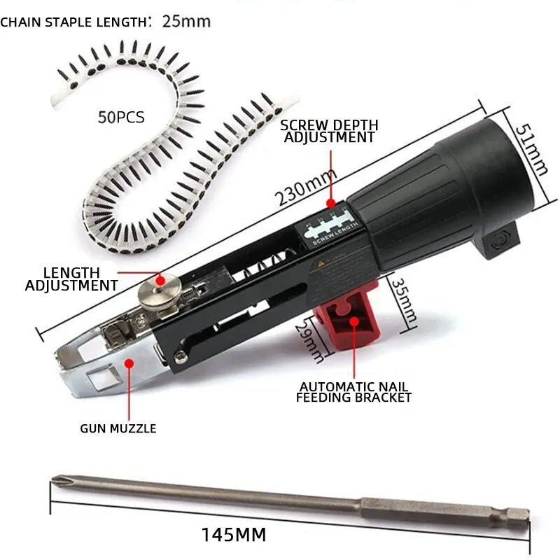 🎁¡GRAN OFERTA CON DESCUENTO!!  ADAPTADOR AUTOMATICO DE PISTOLA ATORNILLADOR CONTINUO CON CADENA DE TORNILLOS PARA TALADRO👷‍♀️👷‍♂️