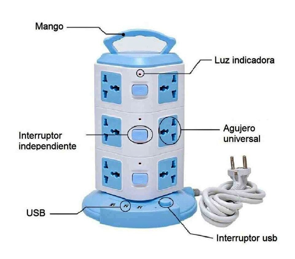 🔌TOMACORRIENTE UNIVERSAL TIPO TORRE🚨🔌💡12 tomas, Extencion Multiple 3 Pisos+usb